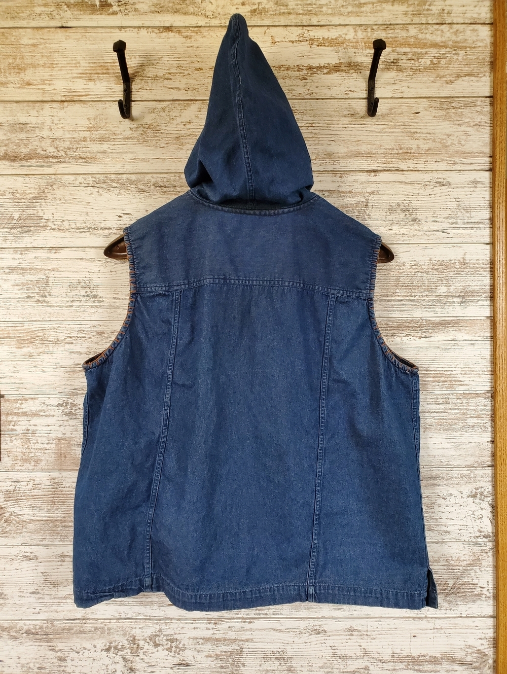 Victoria Jones Appliqué Leather Autumn Leaves Jean Vest Hood Vintage - Picture 4 of 15